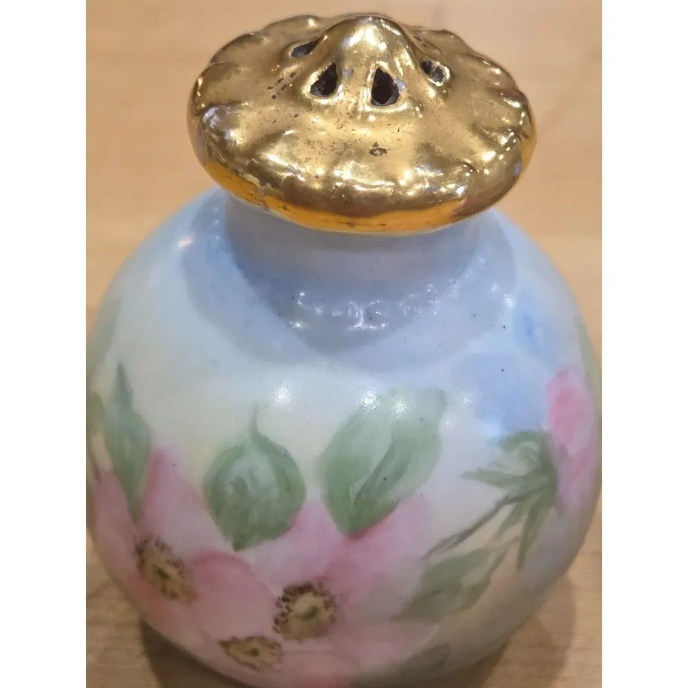 Antique Porcelain Creamer Salt Pepper Shakers Silesia Alice Pink Floral Gold 3